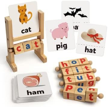 Coogam Wooden Reading Blocks Short Vowel Rods Spelling Games, Flash Cards Turning Rotating Letter... | Amazon (US)
