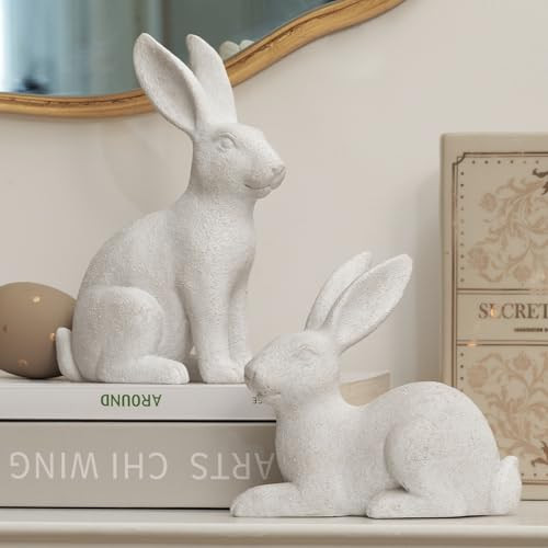 White Frosted Resin Bunny Figurines Set of 2, Rabbit Statues Indoor Easter Decorations for Spring Home Decor, Decorative Easter Bunny Ornaments for Table Centerpiece Living Room Decor | Amazon (US)