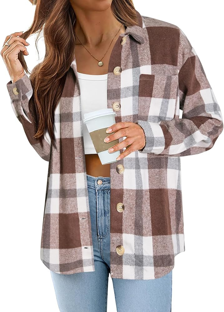 Zeagoo Women Flannel Shacket Jacket Plaid Button Down Long Sleeve Shirt Fall Outfits 2024 | Amazon (US)