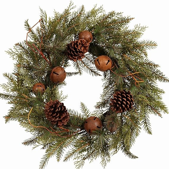 22-Inch Handcrafted Artificial Christmas Wreath with Pinecones, Rust Bell, and Lifelike Pine Bran... | Amazon (US)