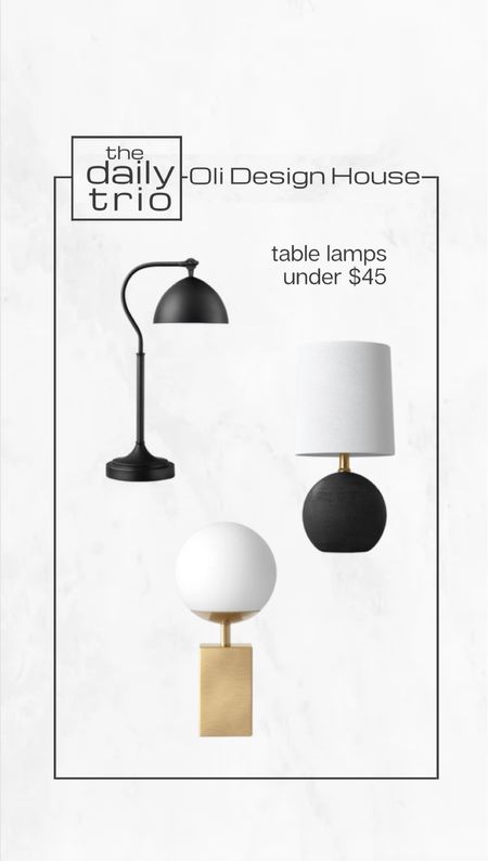 The daily trio…

Table lamps under $45! 

Black table lamp, black task lamp, brass table lamp, globe table lamp, modern table lamp, mini table lamp, round table lamp

#competition

#LTKhome #LTKunder50 #LTKFind