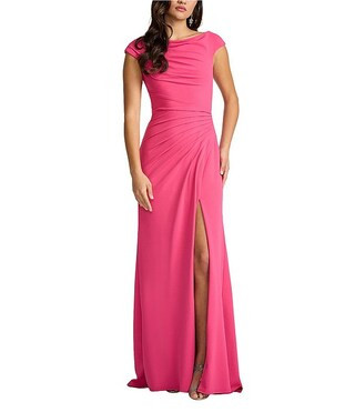 Crepe Cap Sleeve Ruched Waist Gown | Dillard's