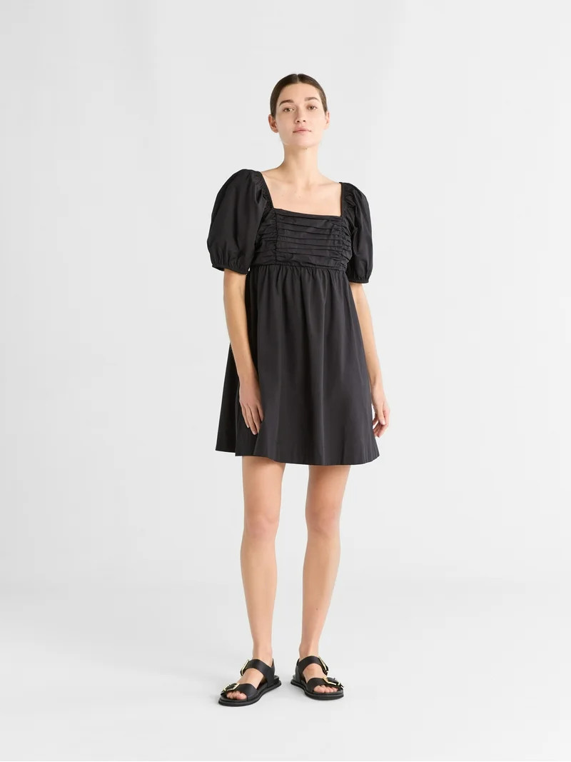 Free Assembly Women's Shirred Cotton Mini Dress with Puff Sleeves, Sizes XS-XXXL | Walmart (US)