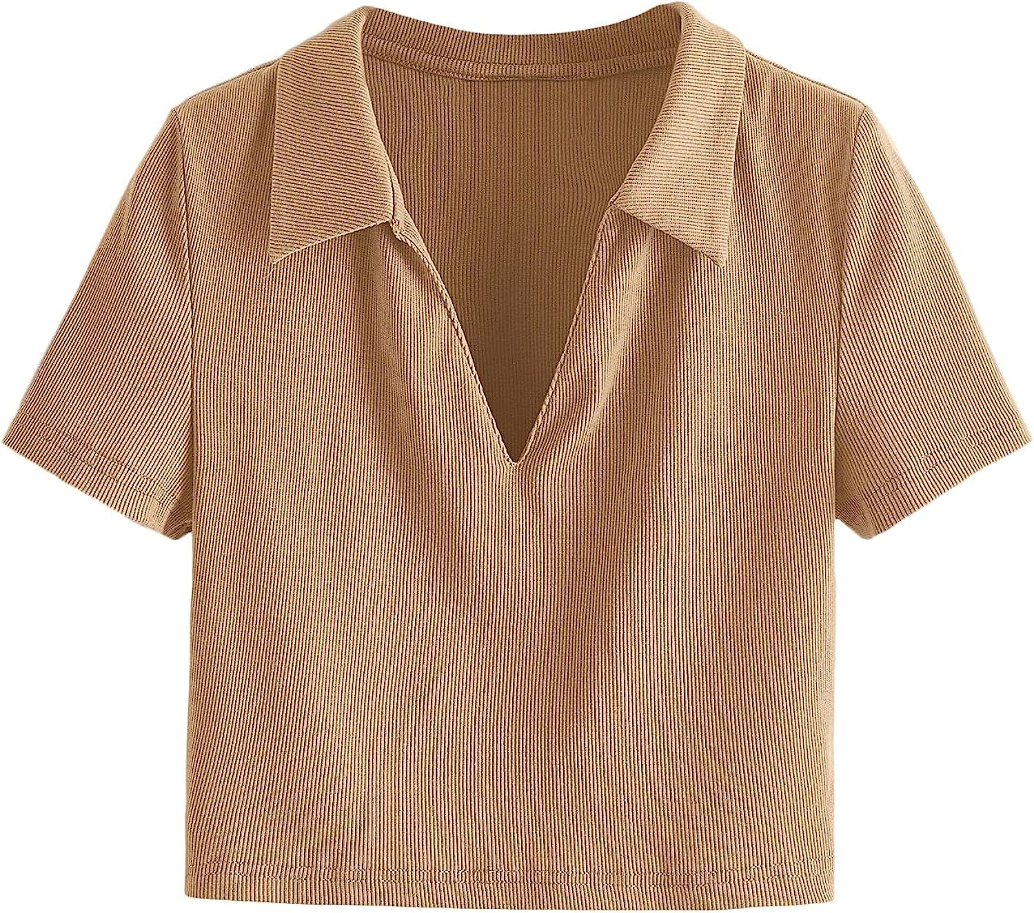 SweatyRocks Women's Collar Ribbed Knit Tee Short Sleeve Crop Top T-Shirts | Amazon (US)
