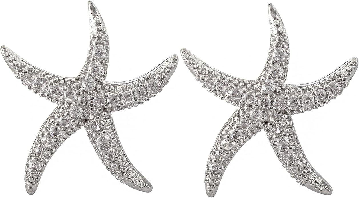 925 Sterling Silver Post Cute Starfish Star shaped Zirconia Earrings Ear Stud White Gold Plated J... | Amazon (US)