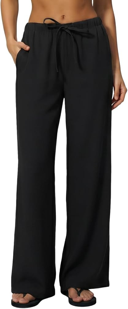QINSEN Women's Wrinkle-Free Wide Leg Palazzo Pants High Rise Flowy Drape Drawstring Elastic Waist... | Amazon (US)