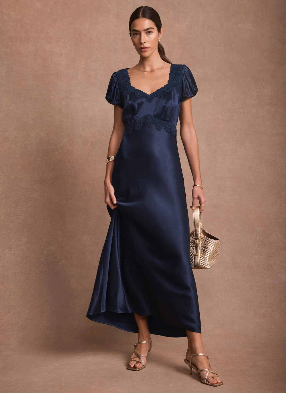 Navy Lace Detail Satin Midi Dress | Mint Velvet