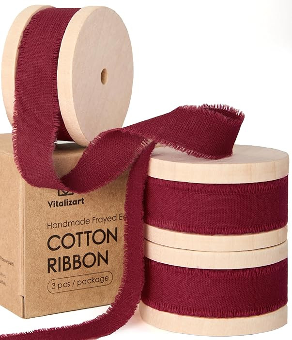 Vitalizart Burgundy Cotton Ribbon Handmade Fringe 5/8" x 21 Yd Red Pure Natural Cotton Ribbons fo... | Amazon (US)