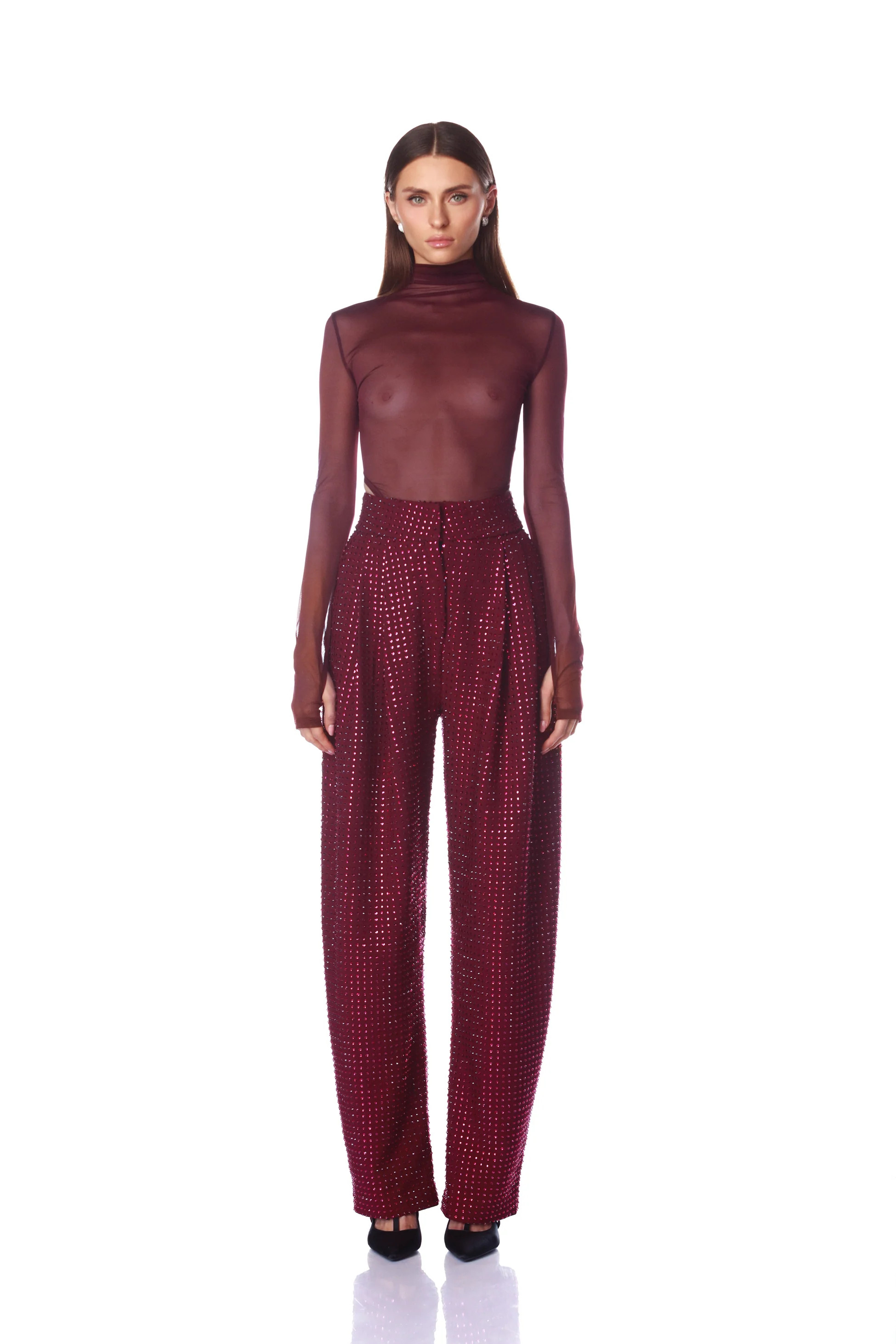 Gaia Mesh Burgundy Long Sleeve Bodysuit | Bronx and Banco