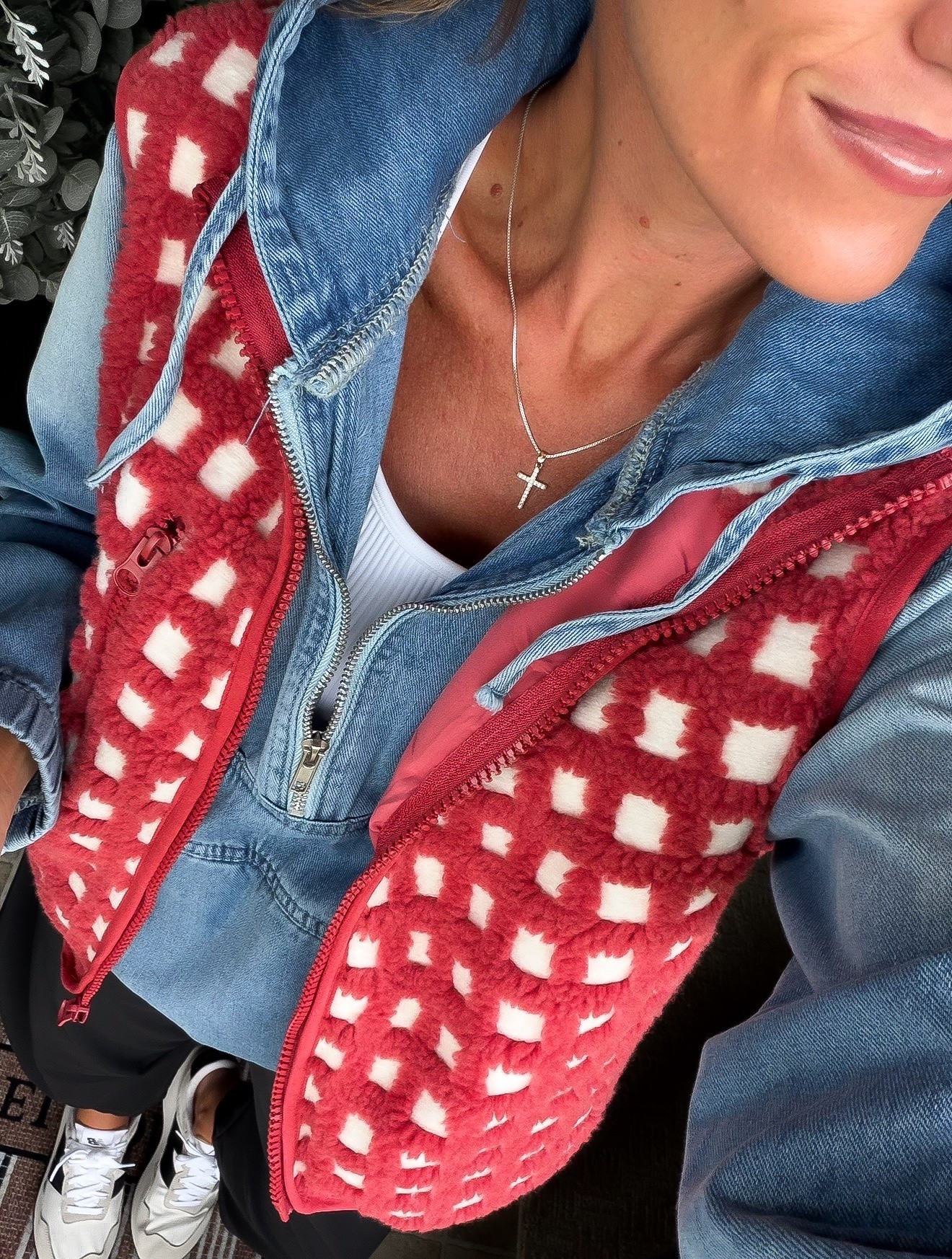 Game day outfit idea 🏈 
Denim pullover / small 
Vest/ medium
Pants/ small (size down if between)

#LTKOver40 #LTKSeasonal