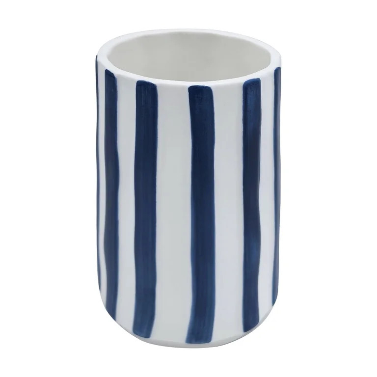 Mainstays Hand Painted Blue Stripe Stoneware Toothbrush Holder Tumbler | Walmart (US)