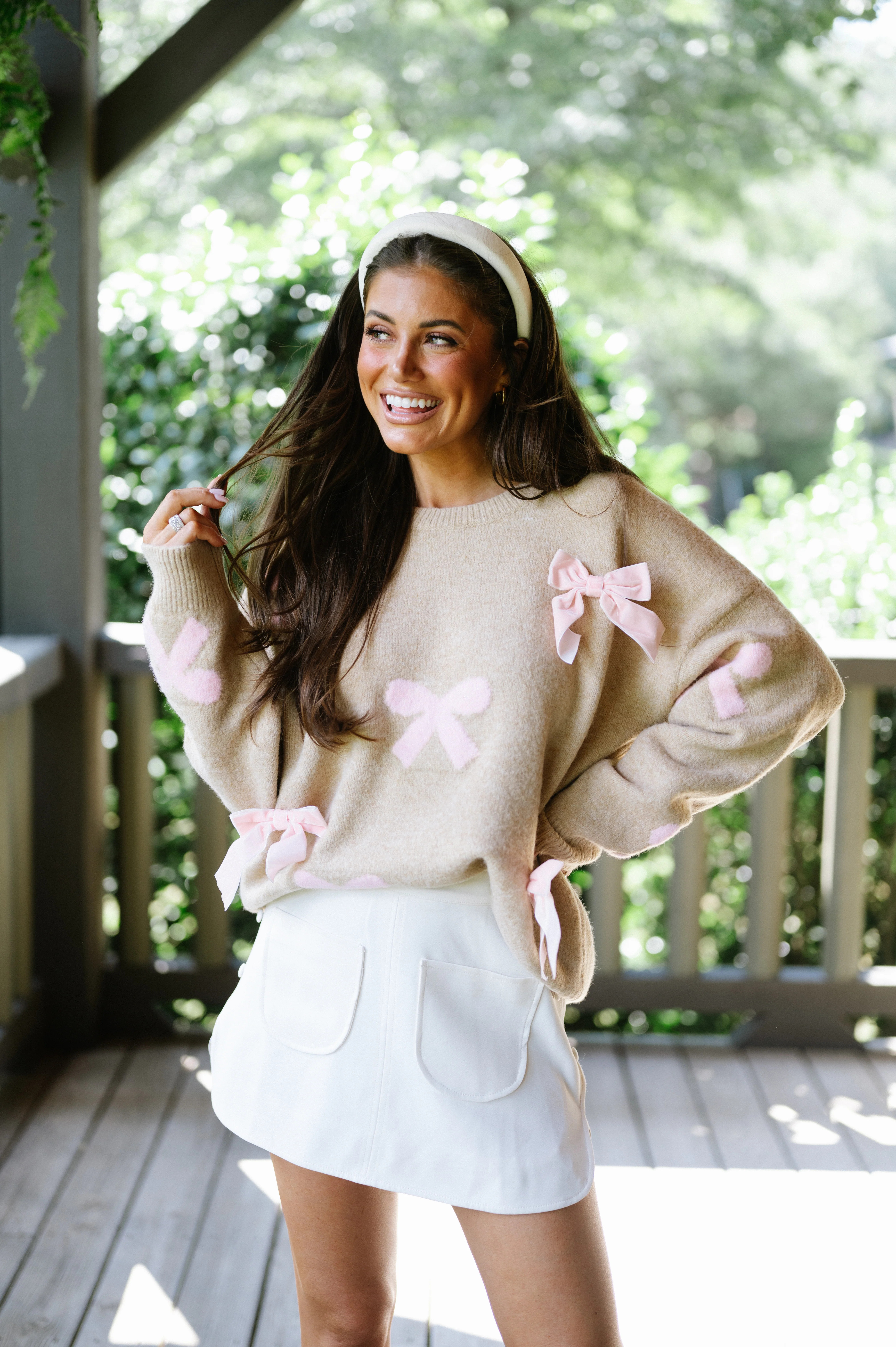 Velvet Bow Sweater-Taupe/Light Pink | These Three