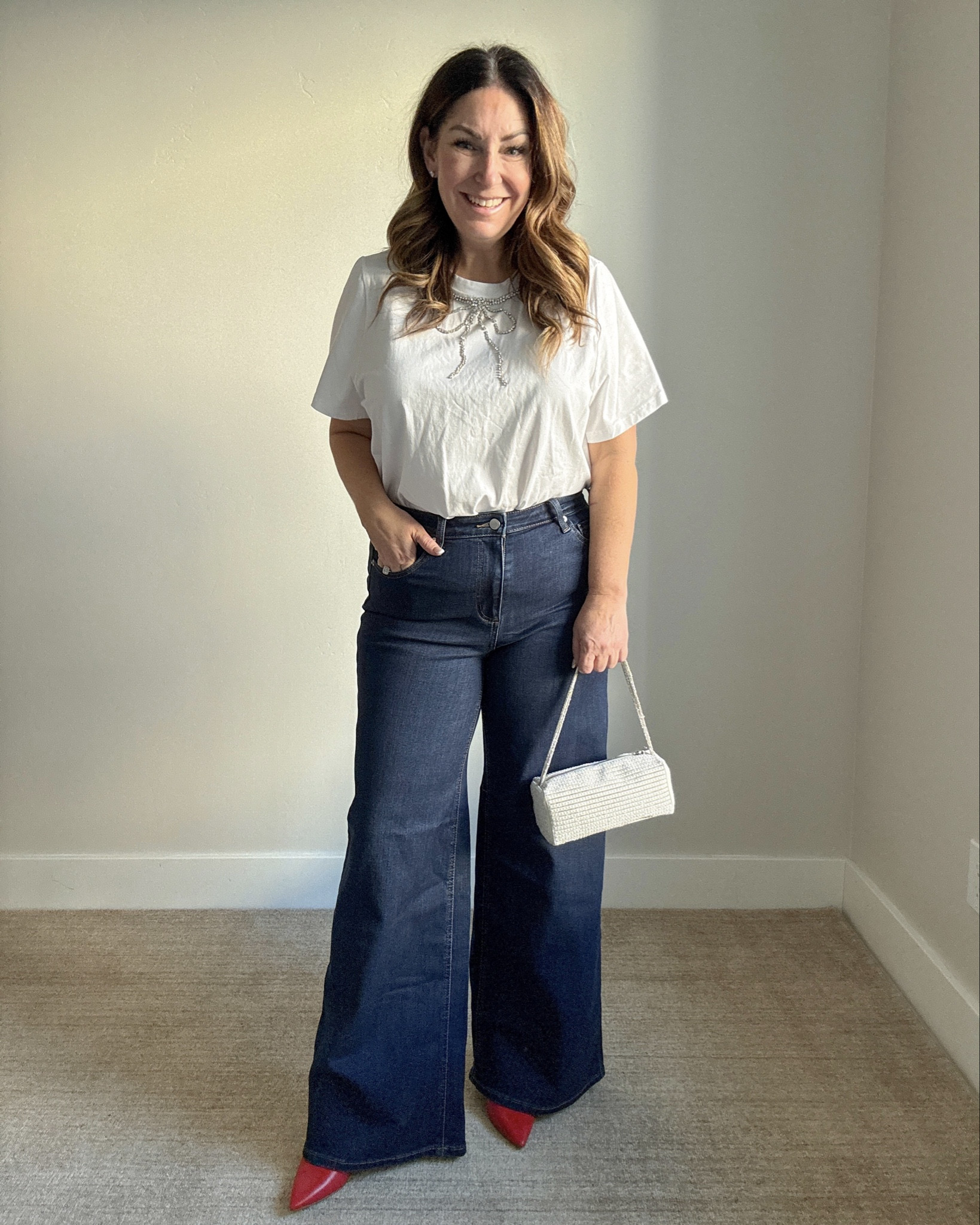 Target Festive Casual Outfit Bow Tee and Wide Leg Jeans | Wearing tee tts, L // Jeans tts, 12  

 

#LTKHoliday #LTKSeasonal #LTKMidsize
