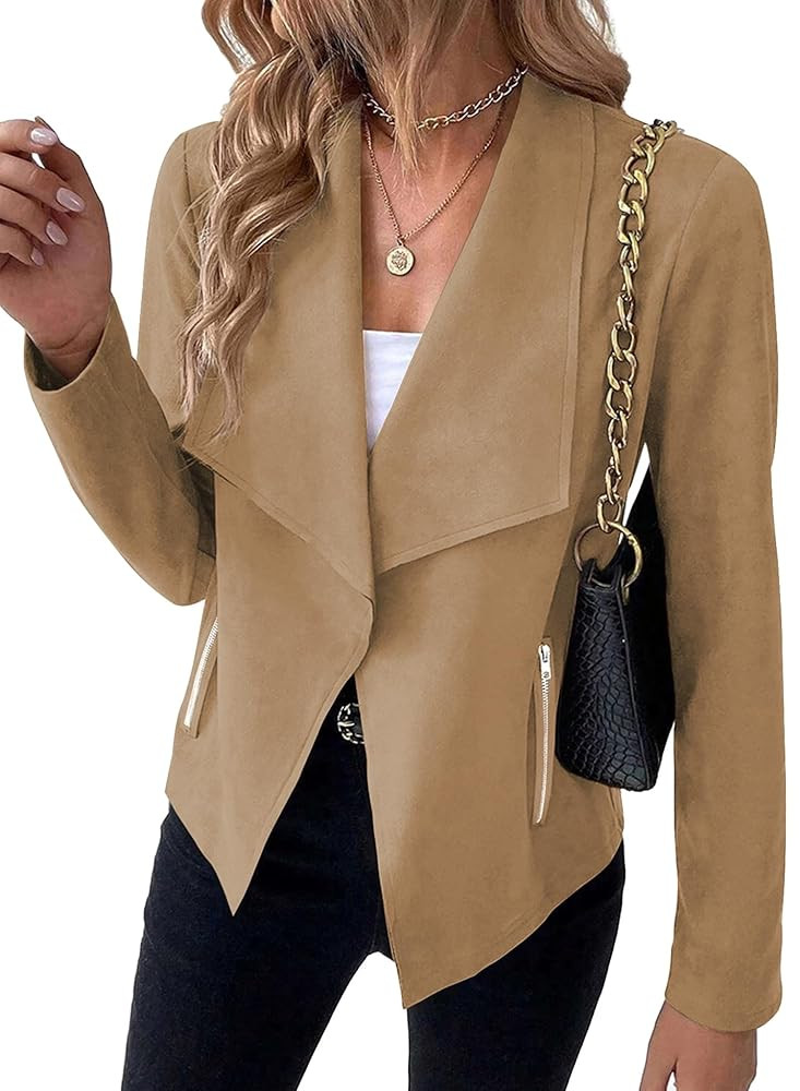 Women's Faux Suede Jackets Open Front Long Sleeve Outerwear Blazer Cropped Coats with Pockets | Amazon (CA)
