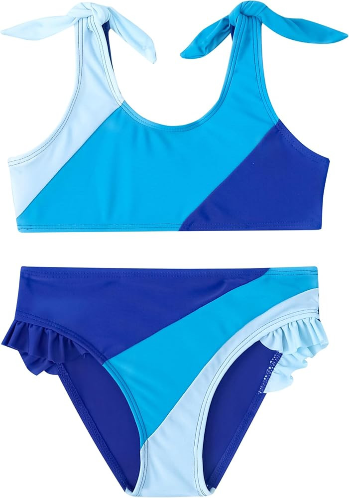 Toddler Girls Swimsuit Color Block Swimwear Kids Two Piece Bathing Suits Bowknot Beach Bikini Set | Amazon (US)