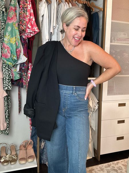 SPANX bodysuit paired with SPANX black blazer and wide leg denim 
All in size large 

Use code WANDAXSPANX 
City girl chic, country concert fits, work wear, Mother’s Day gifts 

#LTKGiftGuide #LTKworkwear #LTKFind