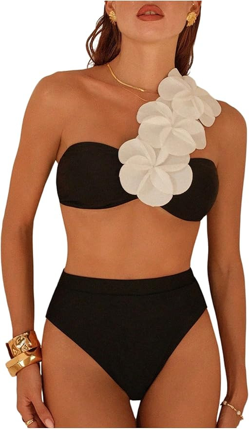 OYOANGLE Two Piece Swimsuit for Women 3D Floral One Shoulder Bikini Set High Waist Bathing Suit | Amazon (US)
