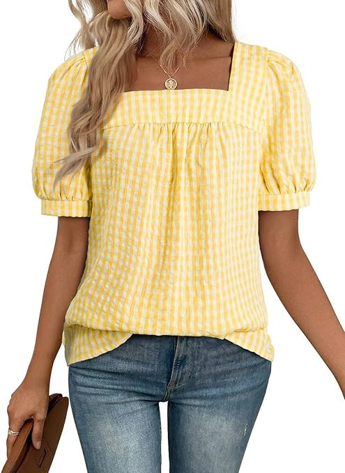EVALESS Tops for Women Short Sleeve Tunic Blouse Square Neck Gingham Tops Cotton Blend Plaid Shir... | Amazon (US)