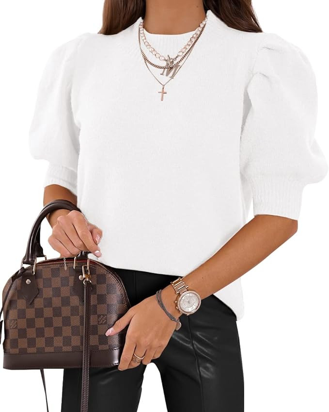 Women's Puff Short Sleeve Sweater Tops 2024 Spring Summer Trendy Crew/Square/V Neck Casual T Shir... | Amazon (US)