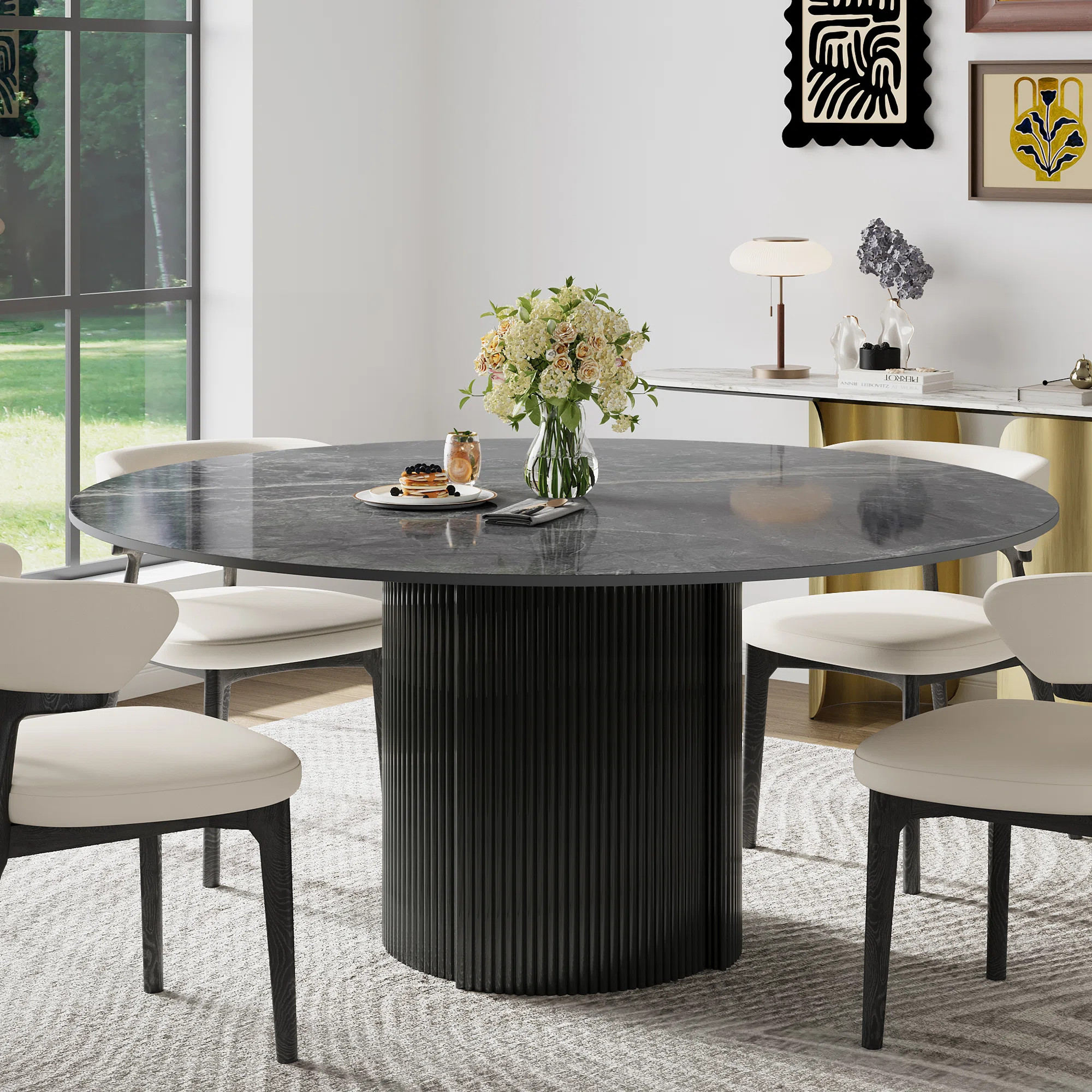59.08'' Round Dining Table Marble Top, Circle Dining Table with Black Stainless Steel Base | Wayfair North America