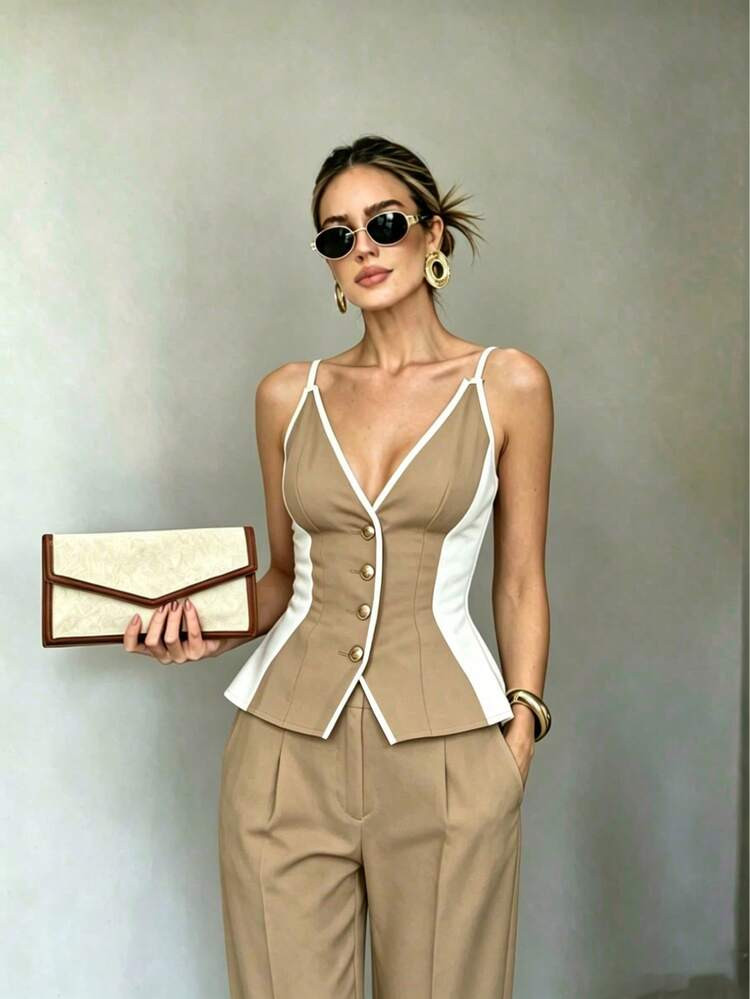 Women's Summer Elegant Casual Khaki Color Block Spaghetti Strap Vest Tank Top, Suitable For Busin... | SHEIN