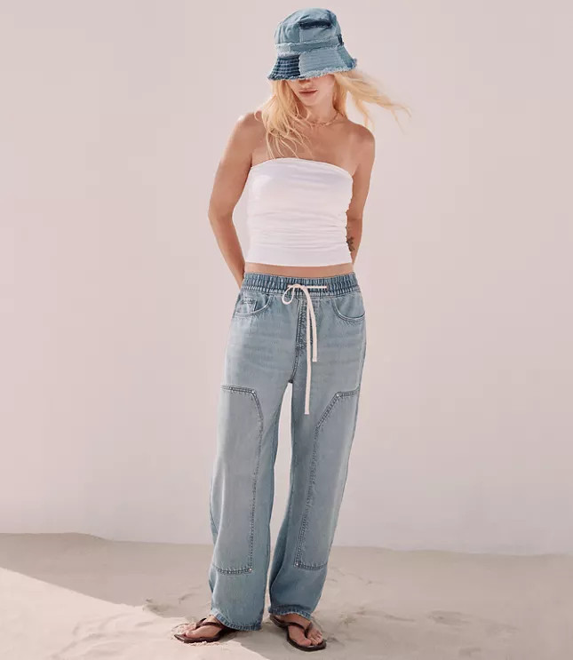 Rivete Utility High Rise Pull On Jeans in Light Wash Indigo | LOFT