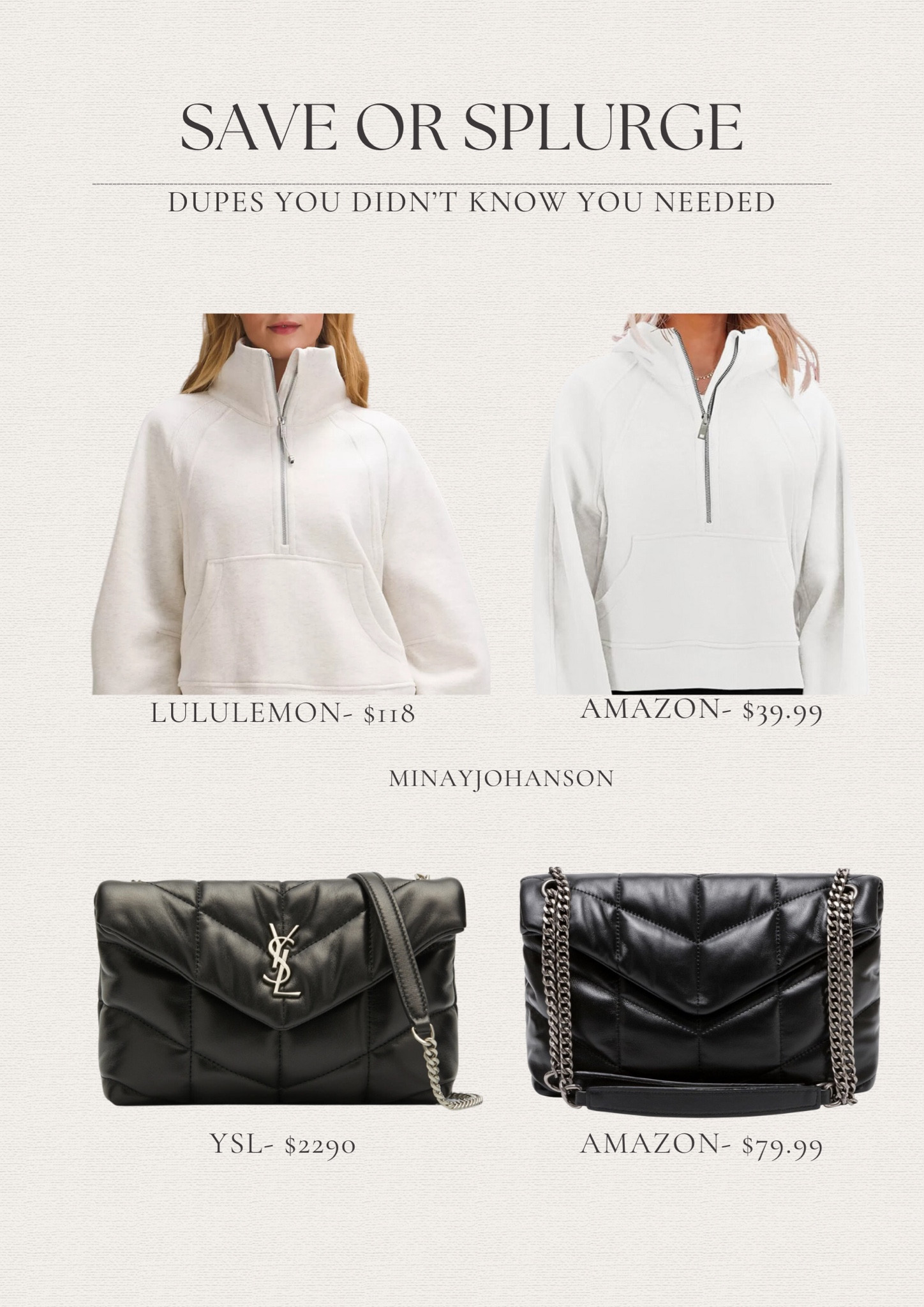 Splurge or Save 😎✔️ 

Splurge or save, dupe, lululemon, Amazon fashion, Amazon purse, purse, Ysl bag, Ysl dupe, jacket, workout clothes, ootd, outfit on budget, Amazon prime day

#LTKStyleTip #LTKFindsUnder50 #LTKItBag