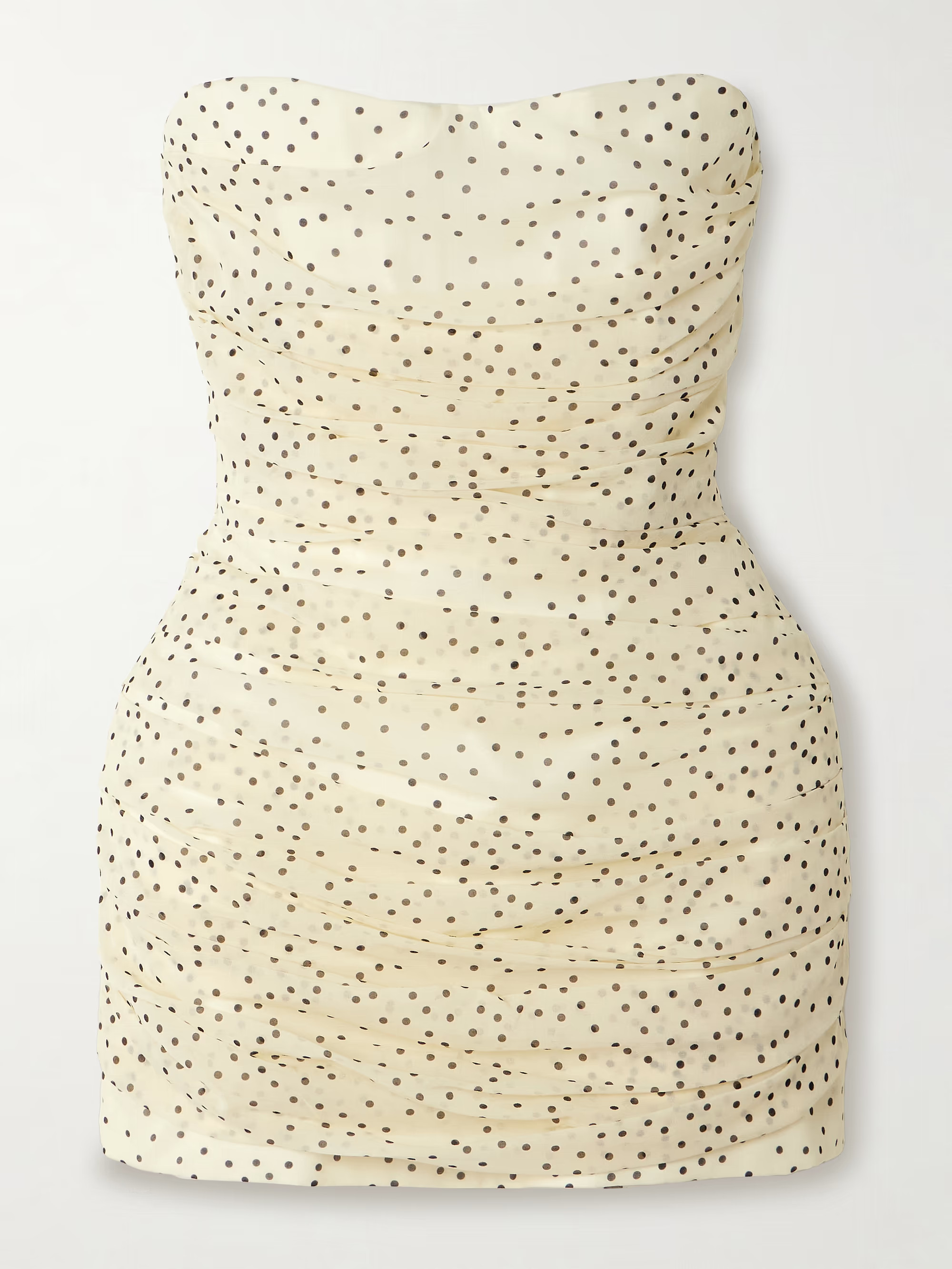 Strapless crochet-trimmed ruched polka-dot silk-blend chiffon mini dress | NET-A-PORTER (UK & EU)