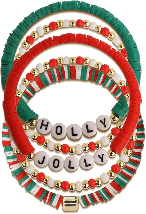 Christmas Beaded Bracelets Set for Women, Handmade Clay Beads Letter Stretch Bracelets Bulk, Adju... | Amazon (US)