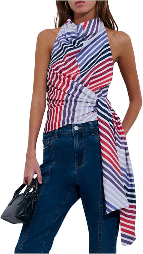 RoseSeek Women's Striped Cowl Neck Halter Top Wrap Open Back Going Out Tops | Sleeveless Cowl Nec... | Amazon (US)