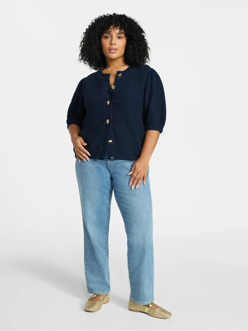 Terra & Sky Women's Plus Size Textured Crewneck Cardigan with Short Sleeves, Midweight, Size 0X-5... | Walmart (US)