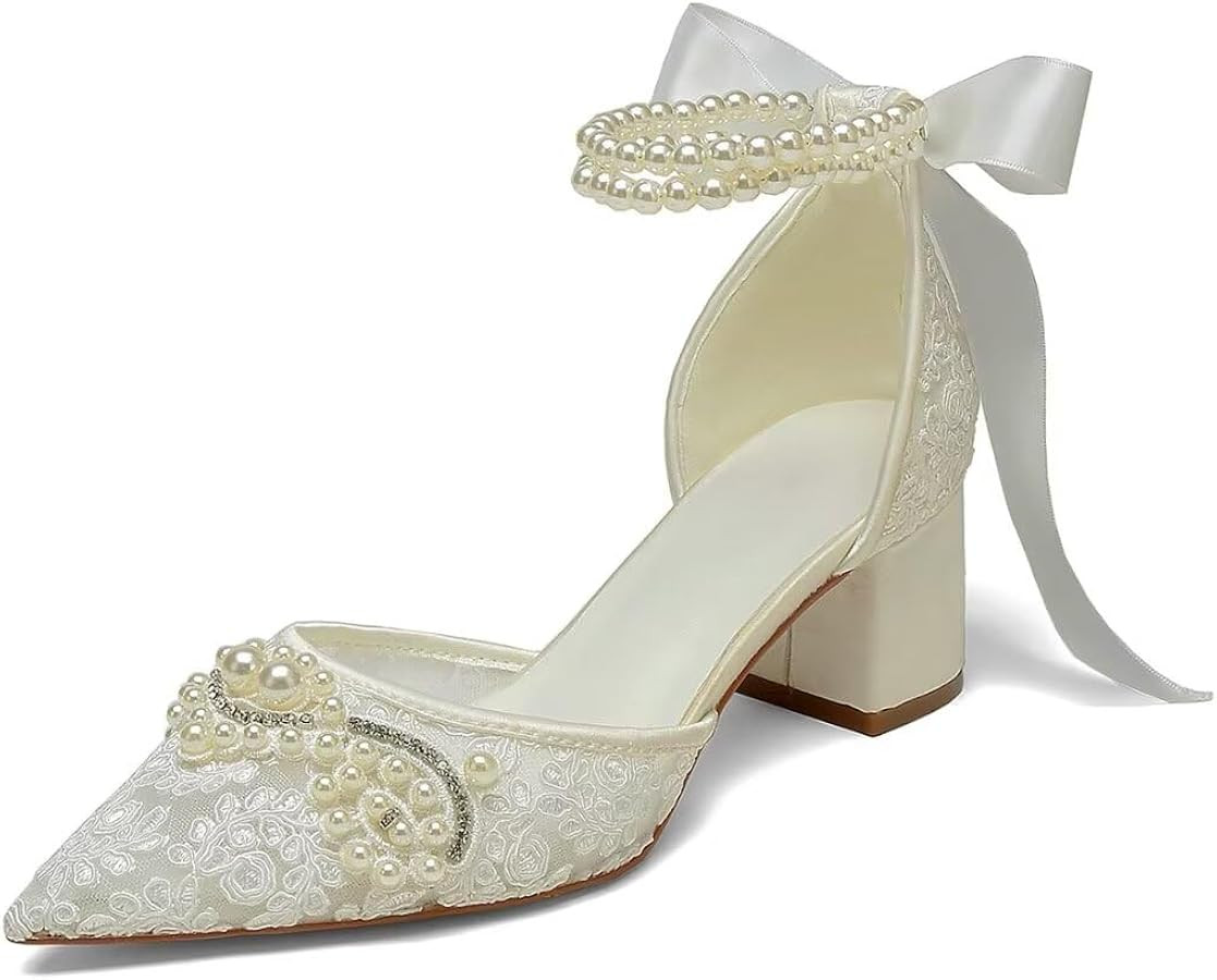 Block Heel Wedding Shoes for Bride Pointed Toe Lace Pearl Bridal Heels | Amazon (US)