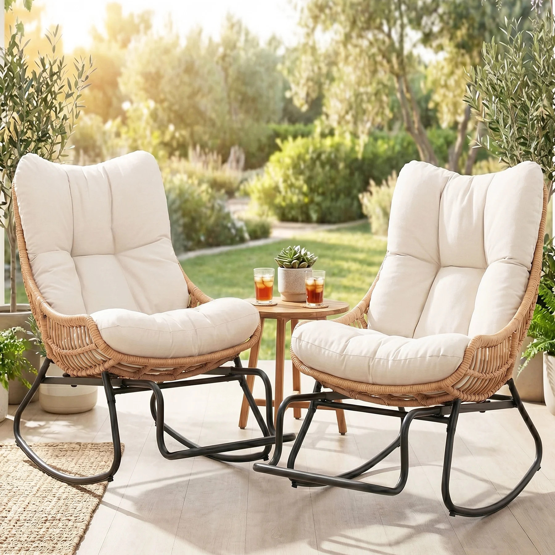 Tappio 2 Piece Rocking Papasan Chair with Adjustable Footrest, Outdoor Egg Rocking Chair with Thi... | Walmart (US)