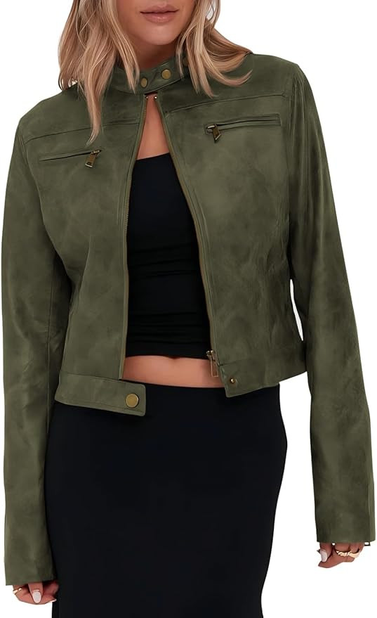Onedreamer Women's Faux Leather Cropped jackets Casual Vintage Zip Up Stand Collar Motorcycle Sho... | Amazon (US)
