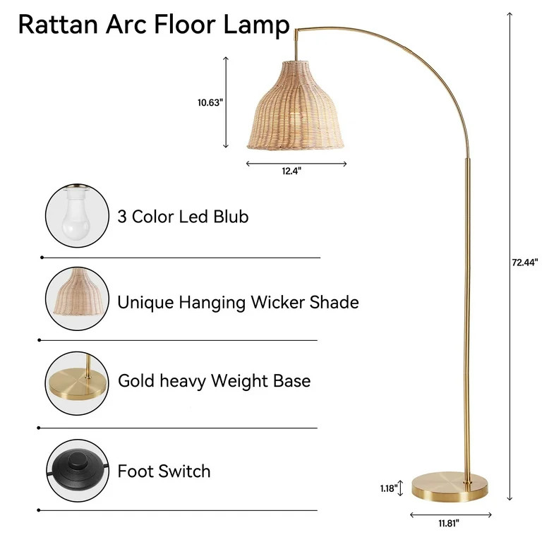 SUNMORY 72 inch Arched Rattan Floor Lamp, Fabric Retro Boho Farmhouse Rustic Standing Lamp for Li... | Walmart (US)