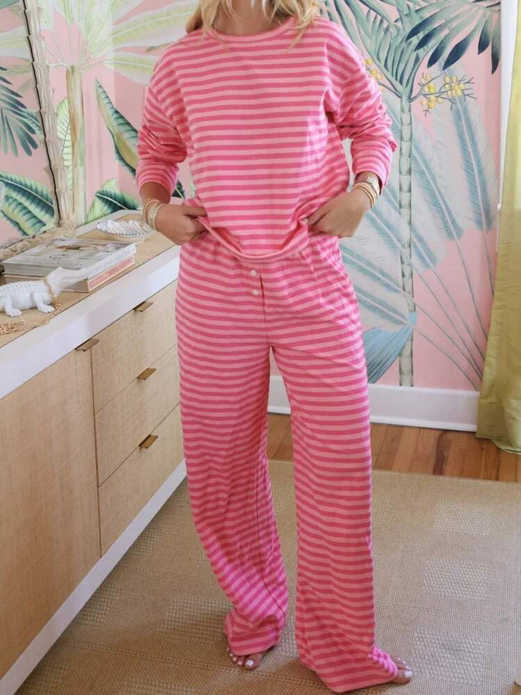 Women Fall Pajama Set Long Sleeve Round Neck Stripe Print Loose Shirt Tops With Elastic Waist Wid... | SHEIN