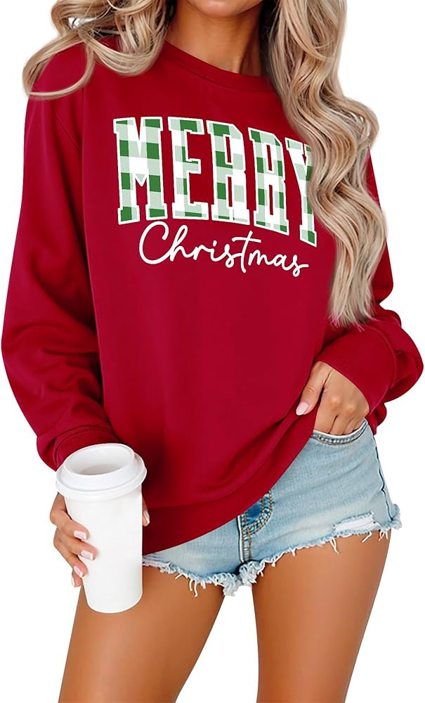 OUNAR Christmas Shirts For Women Merry Christmas Graphic Sweatshirt Christmas Crewneck Long Sleev... | Amazon (US)