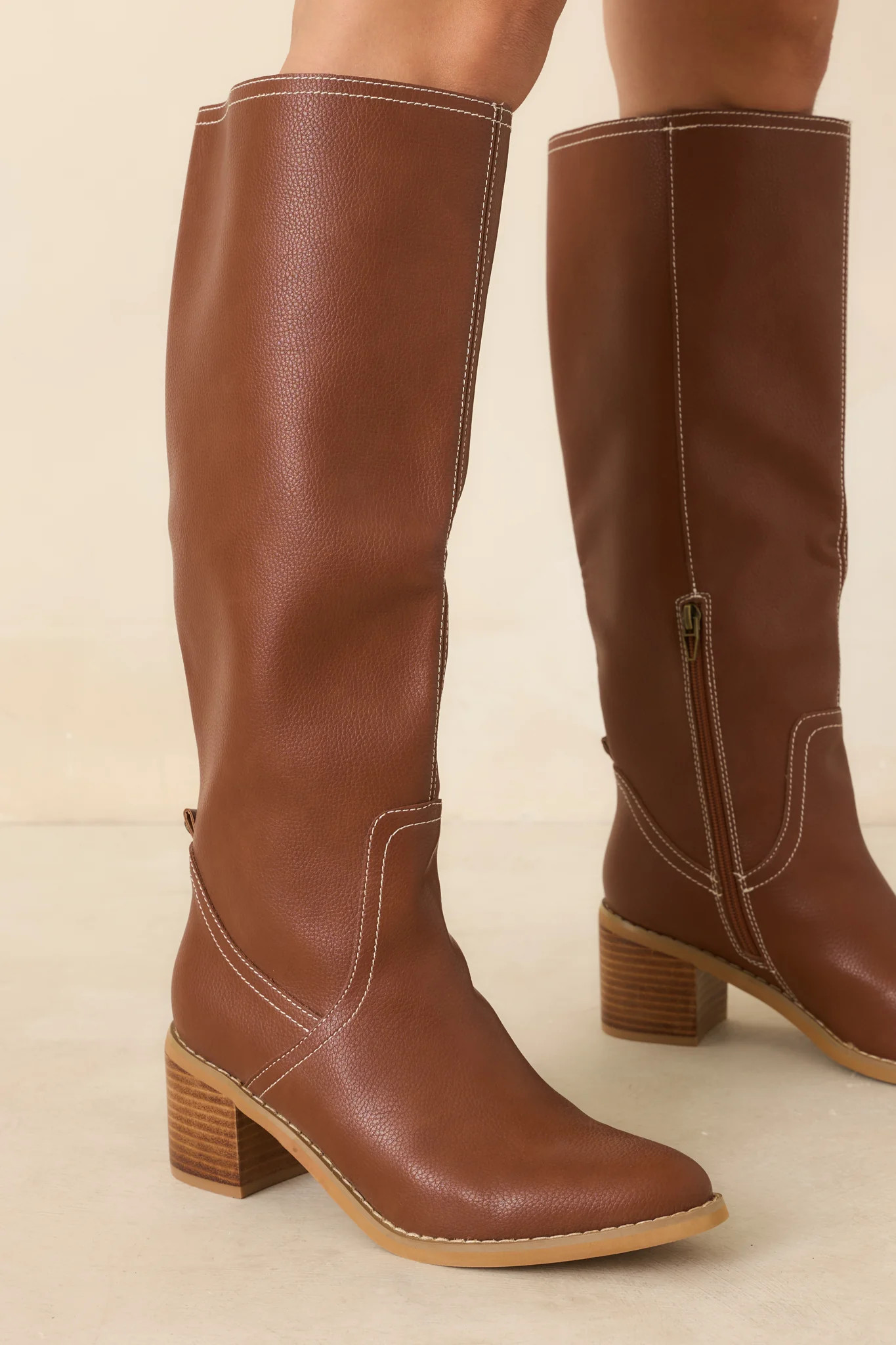 For Good Reason Cognac Textured Faux Leather Knee High Boots | Red Dress