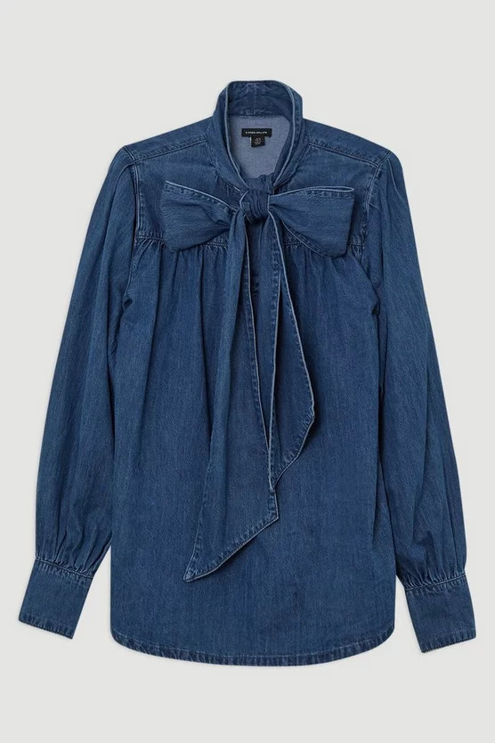 Denim Pussybow Denim Blouse | Karen Millen UK + IE + DE + NL