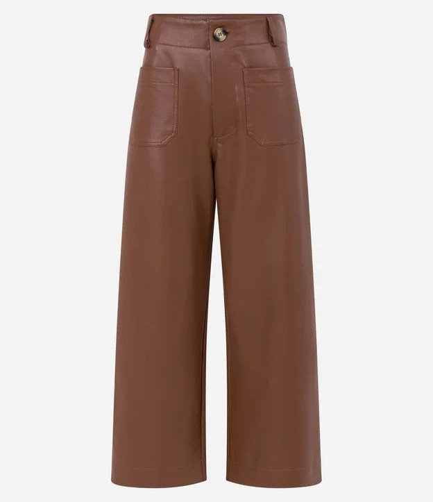 Calça Reta em Material Sintético com Bolsos Grandes Marrom | Renner (BR)