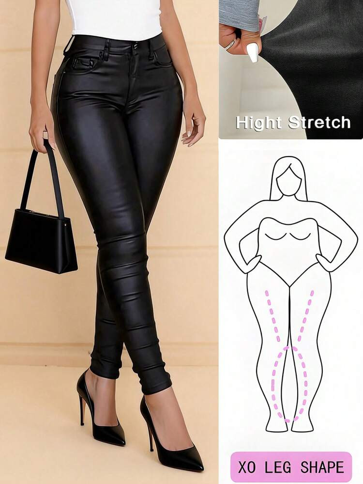High Waist PU Leather Coated Women's Skinny Pants, Solid Color With Zipper, Button And Pockets Black Spring | SHEIN