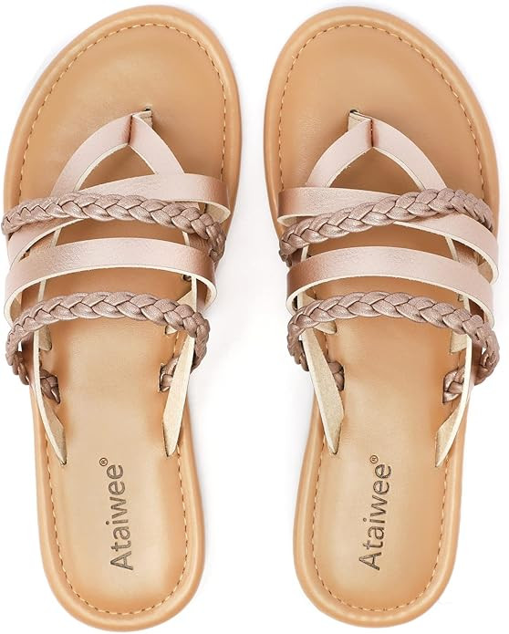 Ataiwee Women's Slide Flat Sandals - Comfortable Slip On Plait Toe Thong Strappy Spring Summer Sh... | Amazon (US)