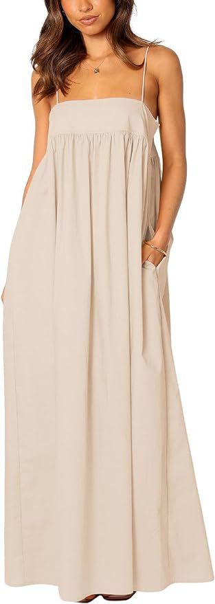 CHARTOU Woman Summer Spaghetti Straps Loose Maxi Long Holiday Beach Dress with Pockets | Amazon (US)