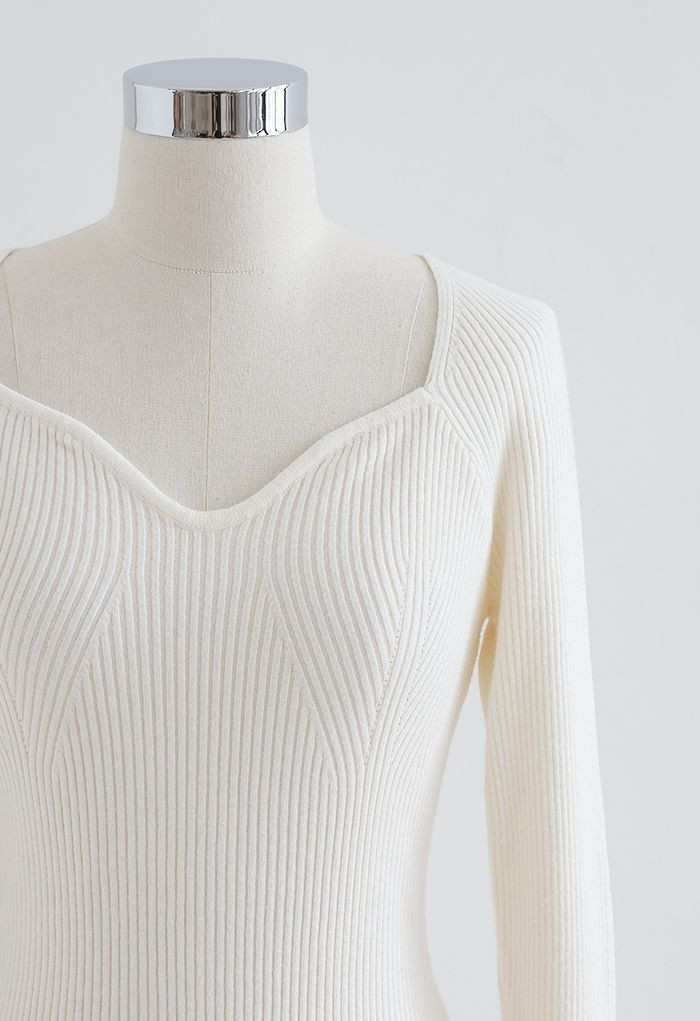 Square Neck Long Sleeves Fitted Knit Top in White | Chicwish