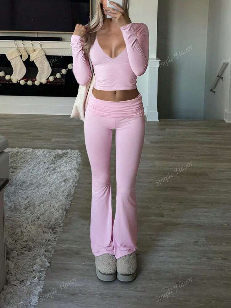 Women's Solid Color Simple Long Sleeve V-Neck Top And Trousers Knit Two-Piece Set | SHEIN