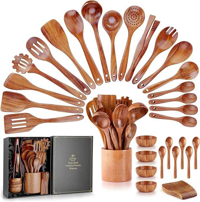 Zulay Kitchen 30-Piece Teak Wooden Utensils - Natural Teak Cooking Utensils with Premium Gift Box... | Amazon (US)