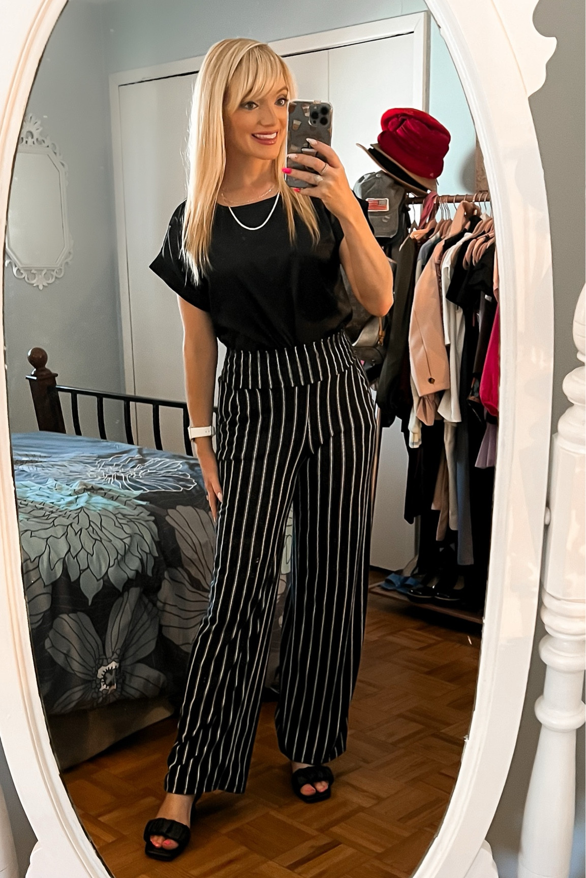 Black satin short sleeve top only $16.99 from Amazon - pinstripe wide leg pull on pants - pull on dress pants - wear to work - summer tops - summer work tops - summer work outfit - business casual - teacher outfit - Amazon Fashion - Amazon finds - Amazon deals 

#LTKunder50 #LTKworkwear #LTKSeasonal