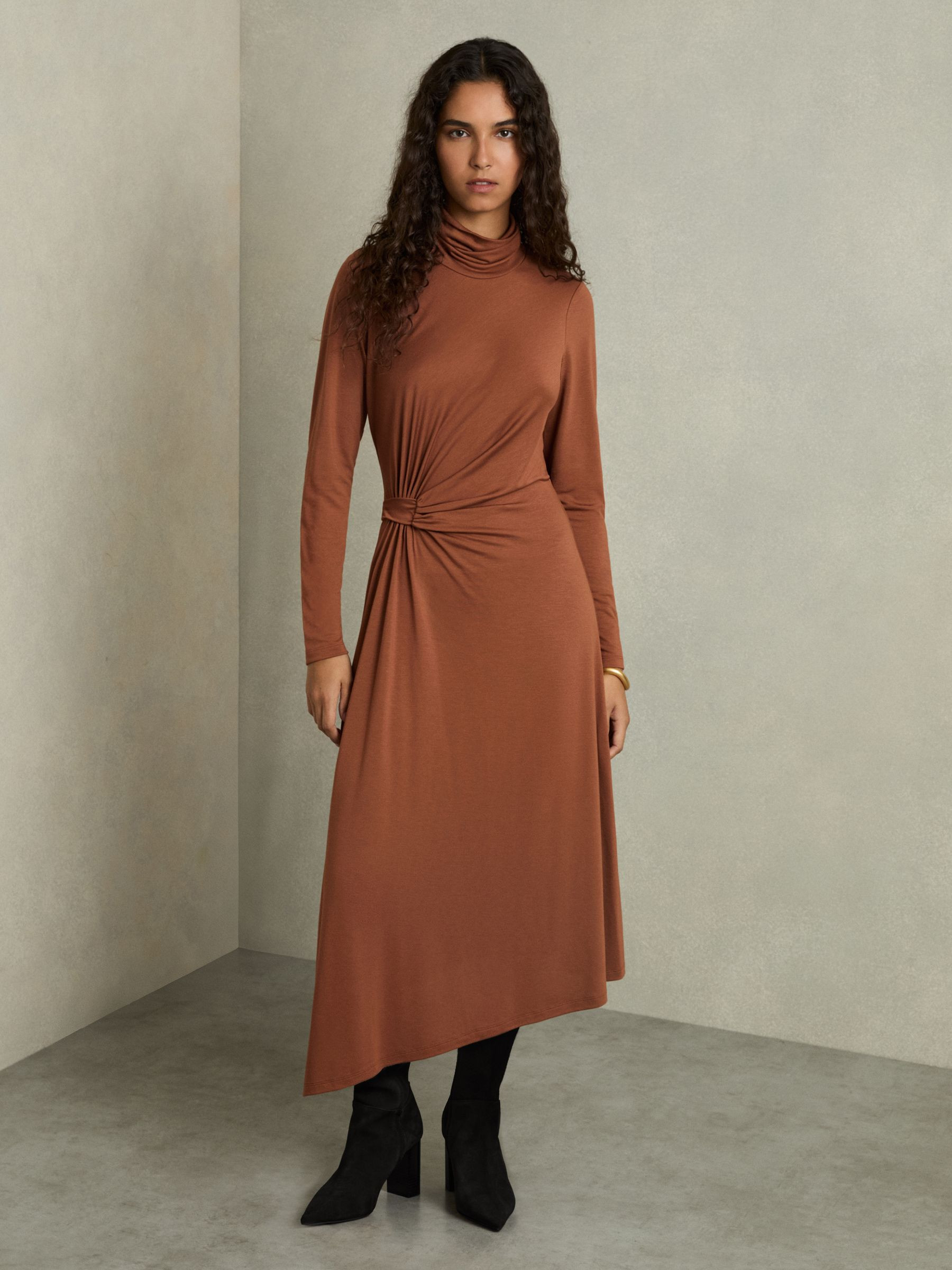 Draped Jersey Midi Dress in Camel | Reiss US