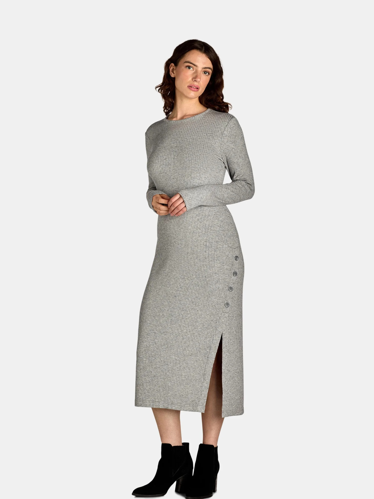 Nine.Eight Women's Ribbed Knit Midi Dress with Long Sleeves, Sizes XS-XXXL | Walmart (US)