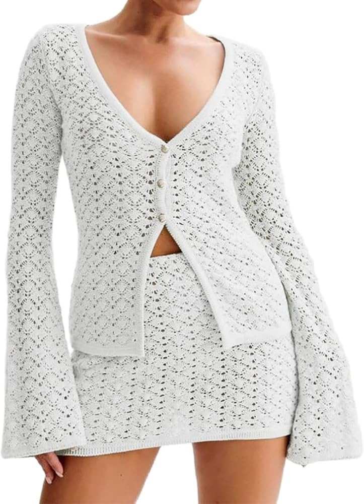 Women Crochet 2 Piece Outfits Set Swimwear Cover Up Flared Long Sleeve Button Down Tops Beach Min... | Amazon (US)